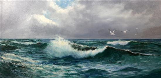 Daniel Sherrin (1868-1940) Seagulls flying over waves, 20 x 40in.